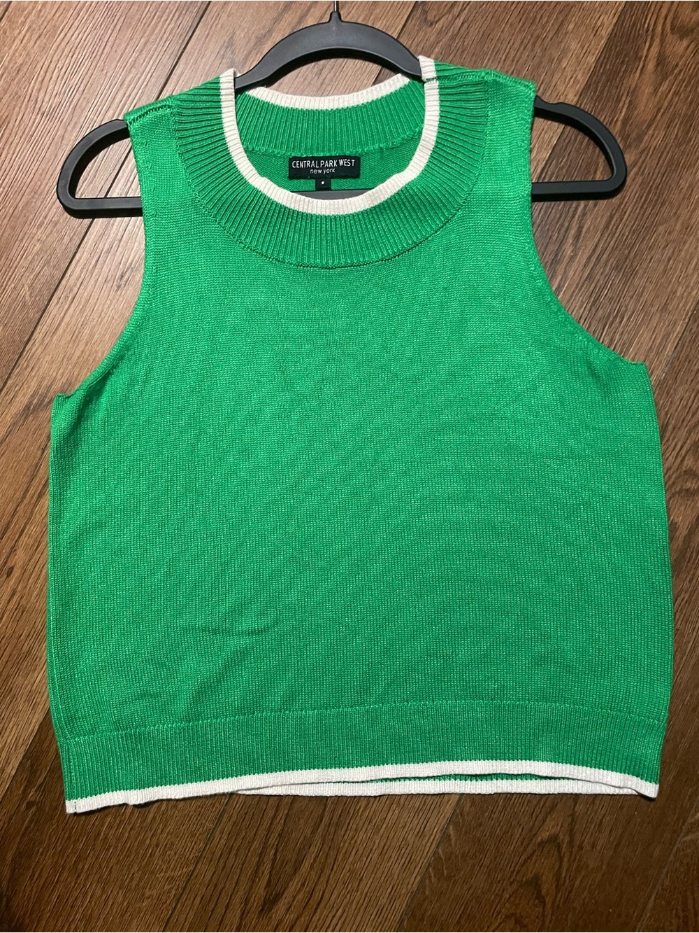 Central Park West Bright Green Sleeveless Knit Top with White Trim